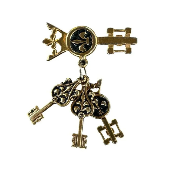 Vintage 50s Gold Plated Fleur de Lis Keys Brooch and Screwback Earrings - Picture 6 of 7
